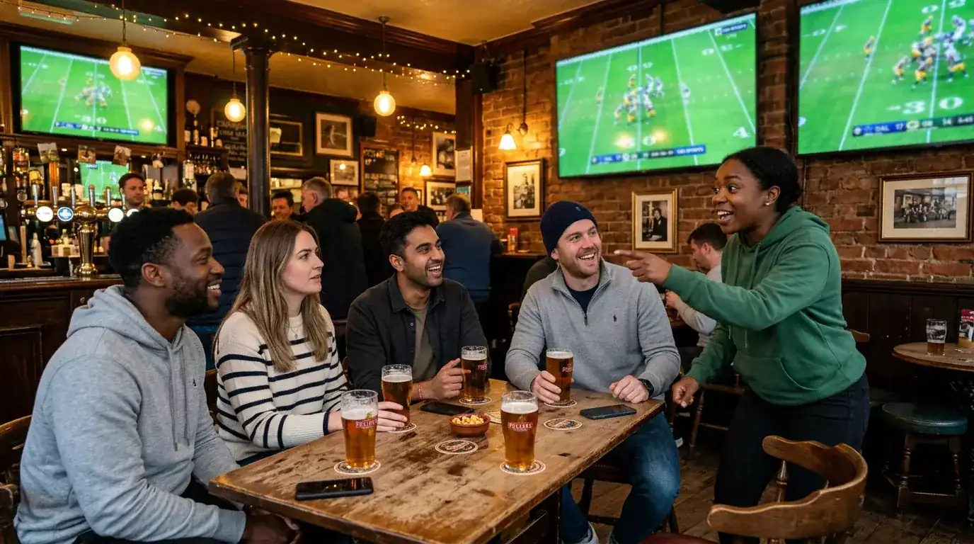 NFL fans watching a game at a pub in the UK with multiple screens showing American football
