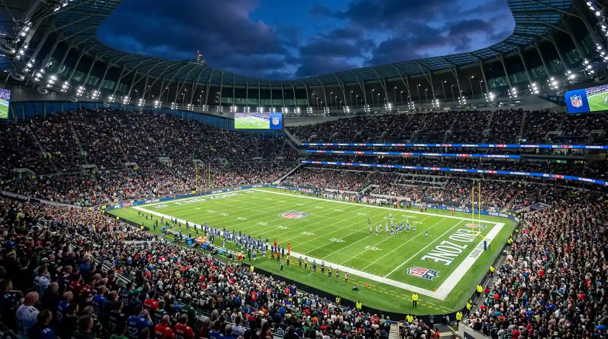 NFL London game at Tottenham Hotspur Stadium with a packed crowd watching American football