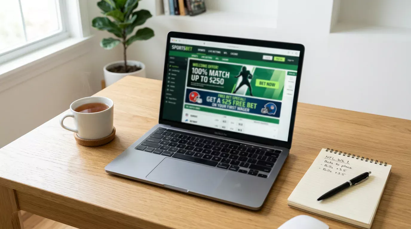Laptop screen showing NFL sportsbook welcome offers and free bet promotions at a UK bookmaker