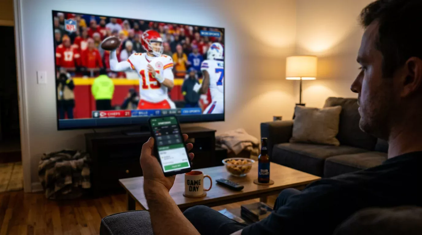 UK viewer watching NFL on television while placing bets on a mobile device